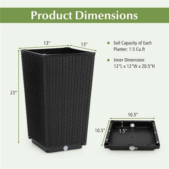 Costway 23" Tall Planters PP Rattan Wicker Plant Pot Self-watering Tree Pots